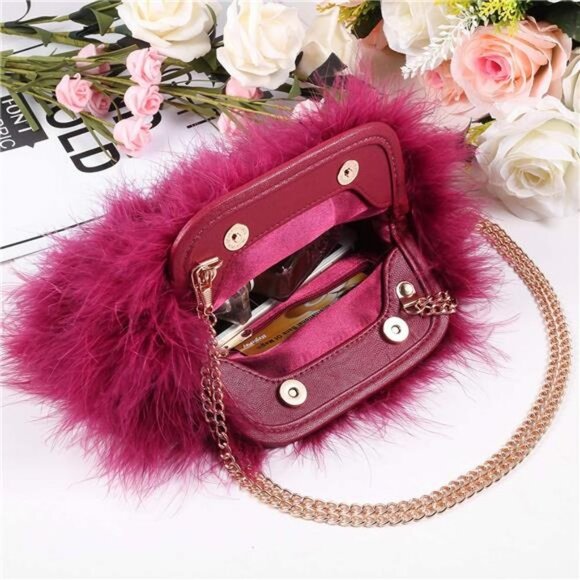 Women Marabou Feather Clutch Bag Evening Handbag with Detachable Chain Strap - Picture 3 of 7